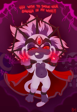 angry black_body black_skin cape clothing female fur genitals grey_body grey_fur red_cape red_clothing red_text solo text vulva wispysworkshop bloons_tower_defense ninja_kiwi adora_(bloons) haplorhine mammal monkey primate hi_res