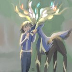 ambiguous_gender duo eyes_closed feral glowing glowing_horn grin hair hand_on_face happy horn hug long_hair love male smile standing etihw nintendo pokemon calem_(pokemon) cervine deer generation_6_pokemon human legendary_pokemon mammal pokemon_(species) xerneas xerneas_(active_mode) 1:1 digital_drawing_(artwork) digital_media_(artwork) signature