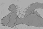 anthro big_breasts big_butt breasts butt claws crossgender curvy_figure female lying mtf_crossgender muscular muscular_anthro muscular_female muscular_thighs nude on_front presenting presenting_hindquarters simple_background solo spikes spikes_(anatomy) tail thick_thighs wide_hips amadchief godzilla_(series) toho godzilla kaiju monster scalie absurd_res digital_media_(artwork) hi_res