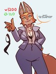 2022 3:4 5_fingers anthro big_breasts breasts canid canine canis card cheek_tuft chest_tuft claws cleavage clothed clothing dialogue diane_foxington dreamworks english_text facial_tuft female finger_claws fingers fox fur hi_res humanoid_hands hyattlen looking_at_viewer mammal necktie orange_body orange_fur playing_card poker_cards simple_background smile smug solo speech_bubble suit talking_to_viewer text the_bad_guys topwear tuft undressing white_background