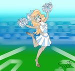 accessory anthro arms_out audience bleachers blonde_hair blue_eyes bottomwear bow_(feature) bow_accessory bow_ribbon breasts centered_hair_bow cheerful cheerleader cheerleader_outfit cleavage clothed clothing crop_top detailed_background female fur grass group hair hair_accessory hair_bow hair_ribbon happy hooves looking_at_viewer midriff navel open_mouth plant pom_poms raised_leg ribbons scut_tail shirt short_tail skirt sky solo spots stadium tail tan_body tan_fur topwear unguligrade sufficient_(artist) roadkill_(sufficient) deer mammal 2021 hi_res