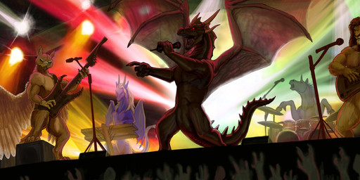 anthro band bass_guitar beak blonde_hair clothed clothing concert crowd cymbals digitigrade drum drum_set electric_guitar electronics feathered_wings feathers featureless_crotch feet feral frill_(anatomy) gesture glowing glowing_eyes group guitar hair hand_gesture holding_object hoof_hands hooves horn keyboard keyboard_instrument male membrane_(anatomy) membranous_frill membranous_wings metal microphone muscular musical_instrument musical_keyboard nude on_haunches open_mouth percussion_instrument playing_guitar playing_music plucked_string_instrument pointing red_eyes singing sitting spines spotlight string_instrument tail talons toes topless wings conditional_dnp kodardragon mythology avian dragon equid equine felid gryphon lion mammal mythological_avian mythological_creature mythological_equine mythological_scalie pantherine scalie unicorn 2015 hi_res
