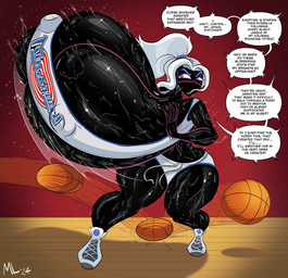 ball basketball_(ball) basketball_uniform big_breasts black_body bodily_fluids bottomwear bra breasts clothing ellipsis exclamation_point female footwear hair huge_breasts hyper hyper_breasts nipple_outline not_furry purple_eyes shoes shorts sneakers solo speech_bubble sports_bra sportswear sweat sweaty_breasts text thick_thighs underwear uniform white_hair wide_hips ameizinglewds duck_dodgers queen_tyr'ahnee alien alien_humanoid humanoid martian 2024 english_text hi_res