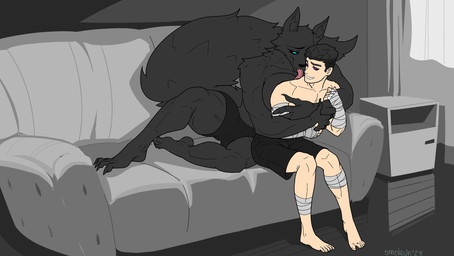 anthro big_breasts black_sclera blue_eyes breasts cuddling duo facial_scar female female_anthro fur hair interspecies licking male male/female male_human muscular muscular_anthro muscular_female scar simple_background tail tongue smolevn a_man_in_a_beasts_world chris_(ghilliecamo) lara_shepard_(ghilliecamo) canid canine canis human mammal wolf hi_res