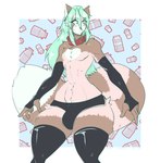 absurd_res ailurid anthro anuki clothed clothing collar crossdressing femboy gozer_mocha green_hair hair hi_res legwear male mammal red_panda skinny_waist sleeves solo standing thick_thighs thigh_highs wide_hips