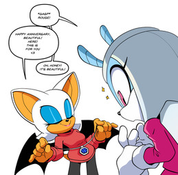 anthro armwear blue_body blue_eyeshadow blue_hair blush breasts clothed clothing dialogue dress duo eyelashes eyes_closed eyeshadow female fur gem gloves hair handwear jewelry lipstick makeup medium_breasts necklace open_mouth red_eyes simple_background sparkles sweater tail text topwear white_background white_body white_fur wings thenovika idw_publishing sega sonic_the_hedgehog_(comics) sonic_the_hedgehog_(idw) sonic_the_hedgehog_(series) jewel_the_beetle rouge_the_bat arthropod bat beetle insect mammal 2026 english_text hi_res