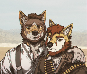 ammo_belt anthro arm_around_shoulders beard desert duo facial_hair gun handgun looking_at_viewer male outside ranged_weapon revolver suspenders weapon dwcmarshalarts echo_(series) echo_project the_smoke_room itreyu william_adler canid canine canis coyote mammal hi_res