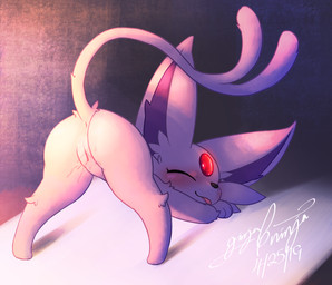 3_toes anus ass_up blep blush bodily_fluids butt ears_up feet female feral fluffy fur genital_fluids genitals presenting presenting_hindquarters smile solo toes tongue tongue_out vaginal_fluids vulva gingy_k_fox nintendo pokemon eeveelution espeon generation_2_pokemon mammal pokemon_(species) 2019 dated digital_drawing_(artwork) digital_media_(artwork) hi_res signature