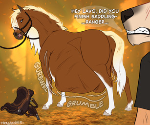 abdominal_bulge after_vore ambiguous_gender anthro belly big_belly blue_eyes blush brown_body brown_fur dialogue duo feral feral_pred fur huge_belly licking licking_lips rumbling_stomach same_size_vore text tongue tongue_out vore paradoxinhead equid equine horse mammal english_text hi_res
