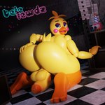 anthro beak blue_eyes blush breasts checkered checkered_floor electronics feet genitals gynomorph hallway hand_on_butt hand_on_object intersex machine on_ground orange_feet penis pink_blush side_boob solo television yellow_body conditional_dnp telelewdz five_nights_at_freddy's five_nights_at_freddy's_2 scottgames cupcake_(fnaf) runaboo_chica toy_chica_(fnaf) animatronic avian bird chicken galliform gallus_(genus) phasianid robot 1:1 3d_(artwork) digital_media_(artwork) hi_res