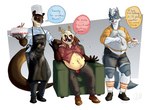 anthro belly_overhang biped bloated blue_eyes brown_body brown_eyes brown_fur button_(fastener) button_pop cake chef_hat clothed clothing collared_shirt dessert dialogue dress_shirt eating feeding food fur grey_body grey_fur group hair hat headgear headwear holding_food holding_object looking_at_another male multicolored_body multicolored_fur navel offering_food orange_eyes overweight overweight_anthro overweight_male red_clothing red_shirt red_topwear red_underwear shirt simple_background speech_bubble tan_body tan_fur text topwear trio underwear wardrobe_malfunction white_body white_fur white_hair yellow_clothing yellow_shirt yellow_topwear cajinanderson canid canine mammal mustelid otter unknown_species 2021 absurd_res english_text hi_res shaded signature