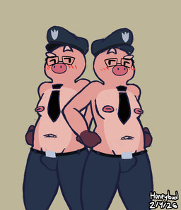 anthro blush bottomwear clothing denim denim_bottomwear denim_clothing duo erection erection_under_clothing eyebrows eyewear glasses hands_on_hips jeans looking_at_another male navel necktie nipples pants paw_enforcement_(super_animal_royale) pig_nose pink_nipples police police_hat honeybud pixile_studios super_animal_royale domestic_pig mammal suid suine sus_(pig)