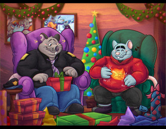 anthro beard blush bottomwear christmas_decorations christmas_tree clothing detailed_background duo eyes_closed facial_hair furniture gift hat headgear headwear holidays male male/male overweight overweight_male pants pink_nose plant shirt sitting sofa sweater topwear tree 06junior11 brok_the_investigator christmas cowcat_games guard_(brok_the_investigator) hacker_(brok_the_investigator) mammal mouse murid murine rat rodent 2025 hi_res