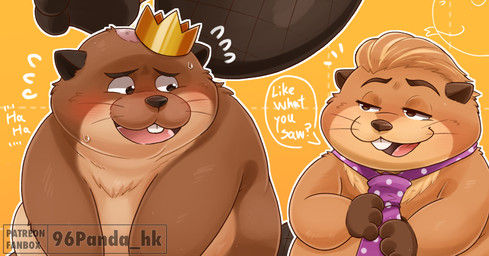 accessory anthro blush brown_body brown_fur crown duo fur headgear kemono king male necktie overweight overweight_male royalty text 96panda disney hoppers_(disney) pixar jerry_generazzo king_george_(hoppers) beaver mammal rodent 2026 english_text hi_res