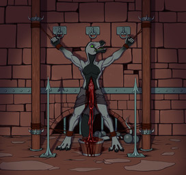 3_toes 5_fingers agony ankles_tied anthro bdsm blood blood_on_clothing blood_puddle bodily_fluids bondage bottomwear bound bucket clenched_teeth clothed clothing container dungeon execution feet fingers forced gore guts hands_tied imminent_death intestines male nipples open_mouth organs pain pecs restraints rope rope_bondage solo spread_eagle standing tail teeth toes tongue tongue_out topless topless_anthro topless_male conquistabear lizard reptile scalie digital_media_(artwork) hi_res