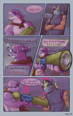 anthro horn male male/male text rfantasy_art brawl_stars mythology supercell_(company) berry_(brawl_stars) pierce_(brawl_stars) ceratopsian ceratopsid chasmosaurine dinosaur equid equine horse humanoid mammal marginocephalian mythological_creature mythological_equine ornithischian prehistoric_species reptile scalie triceratops unicorn comic english_text hi_res