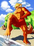 2_horns abs anthro blonde_hair claws clothing hair horn male muscular muscular_anthro muscular_male pecs solo swimwear tail soonico bushiroad future_card_buddyfight mythology drum_bunker_dragon dragon mythological_creature mythological_scalie scalie hi_res