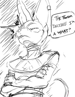 anthro claws clothed clothed_male clothing crossed_arms dialogue ear_piercing frown humor male narrowed_eyes piercing solo speech_bubble squint tail text pandottermon dragon_ball dragon_ball_super beerus 2026 black_and_white english_text guide_lines hi_res monochrome sketch