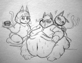 anthro belly belly_rolls big_belly big_moobs blush bodily_fluids bottomless breasts button_(fastener) chubby_cheeks clothed clothing collared_shirt deep_navel double_chin dress_shirt eyewear fat_arms fat_legs fat_rolls feederism feet female food glasses group hair half-closed_eyes heart_symbol holding_food holding_object hug huge_belly hugging_another hugging_from_behind kneeling lidded_eyes looking_at_another looking_at_self love male male/female male_focus mole_under_eye moobs morbidly_obese morbidly_obese_anthro morbidly_obese_male narrowed_eyes navel obese obese_anthro obese_male overweight overweight_anthro overweight_female overweight_male round_glasses seiza shirt simple_background sitting straining_buttons sweat sweaty_belly sweaty_face sweaty_legs tail tail_motion tailwag topwear trio undersized_clothing undersized_topwear wearing_glasses weight_difference white_background alt_for_fat_art animal_crossing nintendo ankha_(animal_crossing) olivia_(animal_crossing) raymond_(animal_crossing) domestic_cat felid feline felis mammal 2024 absurd_res graphite_(artwork) greyscale hi_res monochrome sketch traditional_media_(artwork)