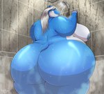 anthro areola bathing big_breasts big_butt biped blue_body blue_skin breasts butt butt_focus female grey_hair hair huge_breasts huge_butt low-angle_view nipples nude obese overweight overweight_anthro overweight_female shower showering simple_background smile solo tail thick_thighs wet wet_body robthehoopedchipmunk mira_pine_(dragtail) common_hippopotamus hippopotamid mammal