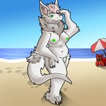 anthro beach being_watched casual_nudity clothed clothing duo female fluffy fur genitals glowing glowing_genitalia glowing_nipples green_eyes green_genitals looking_at_another male male/female nipples sand solo_focus water white_body white_fur iridescentmoff jadethegen mamagen mammal procyonid raccoon