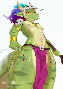 anthro armlet athletic athletic_anthro athletic_male bodypaint bottomwear bracelet bulge clothing ellipsis face_paint feathered_headdress green_body holding_object holding_staff jewelry logo loincloth low-angle_view male navel necklace nipples patreon_logo pecs pointy_ears red_eyes simple_background skull_accessory skull_helmet small_waist solo staff tail text tribal tribal_clothing wet wet_body white_background yellow_sclera beanii patreon terraria shimmered_witch_doctor witch_doctor_(terraria) lihzahrd lizard reptile scalie 2026 absurd_res artist_logo digital_media_(artwork) hi_res portrait three-quarter_portrait url