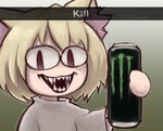 :3 beverage blonde_hair cat_smile clothing energy_drink fangs female gradient_background green_background grey_background hair holding_beverage holding_object inner_ear_fluff light_body light_skin open_mouth open_smile pupils red_ear_fluff red_eyes red_pupils sharp_teeth simple_background sinister_smile slit_pupils smile solo sweater teeth text topwear tuft white_clothing white_sweater white_topwear shrums kill_(meme) monster_energy tsukihime type-moon neco-arc animal_humanoid cat_humanoid domestic_cat felid felid_humanoid feline feline_humanoid felis humanoid mammal mammal_humanoid neco_spirit absurd_res digital_media_(artwork) hi_res shaded