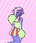 anthro cheerleader clothed clothing eyes_closed femboy freckles hair male multicolored_hair open_mouth pattern_background simple_background solo striped_background conditional_dnp whisperfoot berry_frost deer mammal 2019 animated digital_media_(artwork) hi_res short_playtime