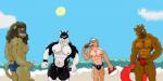 anthro beach clothed clothing dessert food group ice_cream looking_at_viewer male outside seaside skimpy speedo sun swimwear topless loop_the_jobber_dog big_leo frost_tiger jeb_(character) sebastian_king canid canine canis domestic_dog felid lion mammal pantherine 2:1