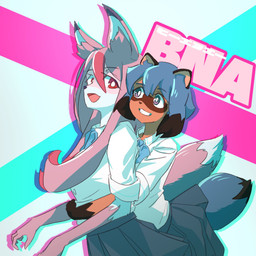 anthro black_hair black_nose blue_body blue_eyes blue_fur blue_hair brown_body brown_fur clothed clothing duo facial_markings female fluffy fluffy_tail fur gloves_(marking) hair head_markings long_hair markings mask_(marking) multicolored_body multicolored_fur multicolored_hair pink_body pink_fur pink_hair red_eyes school_uniform short_hair smile tail uniform white_body white_fur den_(artist) brand_new_animal studio_trigger michiru_kagemori nazuna_hiwatashi canid canine fox mammal raccoon_dog tanuki 1:1 2020 digital_media_(artwork) hi_res