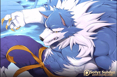 5_fingers anthro blue_body blue_fur claws clothed clothing fingers fur looking_at_viewer male muscular muscular_male solo text topless topless_anthro topless_male white_body white_fur yellow_claws yellow_eyes sollyz mythology patreon canid canine mammal mythological_canine mythological_creature werecanid werecanine werecreature werewolf 2018 2d_animation animated motion_tweening url