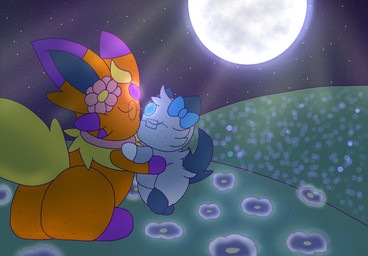 ambiguous_gender anthro belly big_butt bow_ribbon butt collar dim_lighting duo eyewear feral flower flower_on_head freckled_belly freckled_butt freckled_ears freckled_face freckles full_moon fusion glasses glowing hill kissing light moon moonlight night plant pokemon_fusion semi-anthro size_difference nanabsylve nintendo pokemon eeveelution espeon espurr flareon generation_1_pokemon generation_2_pokemon generation_5_pokemon generation_6_pokemon oshawott pokemon_(species) hi_res