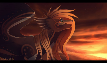 black_bars black_body black_fur brown_hair detailed_background feral fur grass hair membrane_(anatomy) membranous_wings outside plant smile solo sunset wings yellow_eyes skaydie mythology dragon mythological_creature mythological_scalie scalie 2016 digital_media_(artwork) hi_res letterbox