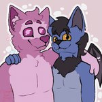 anthro big_ears black_hair blue_body boyfriend/girlfriend duo fangs hair heart_symbol hug love male male/male purple_body purple_eyes romantic romantic_couple slime smile smiley_face teeth wings yellow_eyes danger_alex_draw bat canid canine fox hybrid mammal bust_portrait flat_colors half-length_portrait hi_res portrait