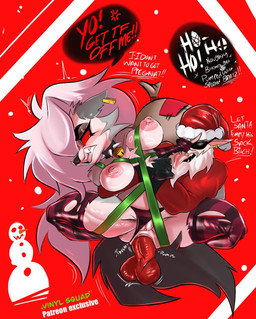 anal anal_penetration angry anthro anus areola armwear balls big_breasts big_penis black_nose blush breasts christmas_clothing christmas_headwear clothing clothing_aside collar costume cross-popping_vein dialogue duo ear_piercing ear_ring elbow_gloves erection eyelashes eyewear female forced forced_anal fur genitals gift_wrapped gloves grey_body grey_fur grey_hair hair handwear hat headgear headwear holidays huge_penis legwear long_hair male male/female multicolored_body multicolored_fur nipples pattern_clothing pattern_legwear pattern_thigh_highs penetration penis piercing pink_areola pink_nipples rape red_sclera ring_piercing santa_costume santa_hat sex sharp_teeth sound_effects speech_bubble spiked_collar spikes spread_legs spreading striped_clothing striped_legwear striped_thigh_highs stripes sunglasses teeth text thick_thighs thigh_highs thong thong_aside torn_clothing two_tone_body two_tone_fur underwear underwear_aside vulva wearing_sunglasses white_body white_eyes white_fur vinyl_squad christmas hellaverse helluva_boss mythology loona_(helluva_boss) canid canid_demon canine demon hellhound mammal mythological_canine mythological_creature artist_name english_text hi_res