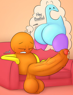 armless aroused aroused_face balls balls_on_ground big_balls big_butt big_penis black_eyes black_text blue_body blue_butt blue_skin blush blush_lines bodily_fluids butt crossgender dialogue duo ellipsis erection exclamation_point featureless_hands female foreskin ftg_crossgender fti_crossgender furniture genital_fluids genitals glans gynomorph half-closed_eyes huge_balls huge_penis humanoid_genitalia humanoid_penis hyper hyper_balls hyper_genitalia hyper_penis intersex leaking_precum legless looking_back narrowed_eyes not_furry on_sofa open_mouth open_smile orange_balls orange_body orange_foreskin orange_penis orange_skin penis pink_legs precum precum_from_penis purple_legs red_glans red_sofa sitting sitting_on_sofa smile sofa sound_effects teeth text thought_bubble vein veiny_penis white_text wobble_(sound_effect) yellow_arms chunknudies land_of_boggs boe_(land_of_boggs) boggo_(land_of_boggs) bogg 2024 digital_media_(artwork) english_text hi_res