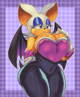 anthro bare_shoulders big_breasts black_bodysuit black_clothing black_nose black_skinsuit black_wings blue_eyes blue_eyeshadow bodysuit breasts cleavage clothed clothing eyelashes eyeshadow female female_anthro fur glistening glistening_body glistening_breasts glistening_fur gloves hair half-closed_eyes handwear heart_symbol makeup membrane_(anatomy) membranous_wings narrowed_eyes raised_tail short_tail skinsuit solo standing tail tan_body tan_fur thick_thighs tight_clothing white_clothing white_gloves white_hair white_handwear wide_hips wings lueduar sega sonic_the_hedgehog_(series) rouge_the_bat bat mammal 2026 hi_res