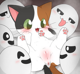 2_tails anus bed blush bodily_fluids breath butt female feral fur furniture genitals group imminent_sex looking_pleasured male male/female multi_tail multicolored_body multicolored_fur nude open_mouth smile spread_legs spreading sweat tail tongue vaginal white_body leafeon0927 asian_mythology doodle_champion_island_games east_asian_mythology google google_doodle japanese_mythology mythology lucky_(google) calico_cat domestic_cat felid feline felis ghost mammal nekomata spirit yokai absurd_res hi_res