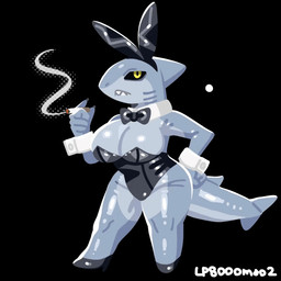 anthro big_breasts black_background black_sclera blue_body bouncing bouncing_breasts bow_tie breasts bunny_costume cigarette clothing corset costume cuffs_(clothing) fake_ears fake_rabbit_ears female female_anthro footwear frown gills hand_on_hip high_heels holding_cigarette holding_object leotard lingerie looking_at_viewer non-mammal_breasts shark_tail shoes simple_background smoke solo sparkles standing tapping_foot thick_thighs topwear wide_hips yellow_eyes lp8000mao mitsuki_shark aquatic fish shark 1:1 2026 2d_animation animated digital_media_(artwork) motion_tweening watermark