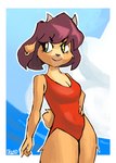 anthro breasts brown_body brown_fur cleavage clothed clothing cloud ear_piercing ear_ring female fur hair hand_on_hip horn one-piece_swimsuit piercing purple_hair red_clothing ring_piercing sea sky skyscape smile solo swimwear tuft water yellow_eyes kipnitt on_your_tail diana_(on_your_tail) bovid caprine goat mammal colored hi_res portrait