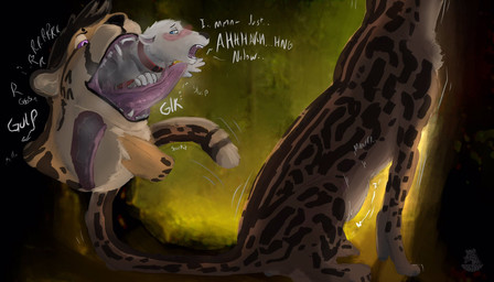 anthro blush breath collar dialogue duo male male/male mmf motion_lines oral_vore sitting swallowing teeth vore x-ray_view nolow vore_day_2022 nolow_(character) cheetah domestic_cat felid feline felis mammal taur 2022 hi_res