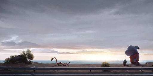 anthro biped bottomwear clothing cloud detailed_background feral green_body grey_body group male outside pants shirt sunset topwear water luca_pisanu dreamworks the_bad_guys mr._piranha_(the_bad_guys) mr._shark_(the_bad_guys) mr._snake_(the_bad_guys) aquatic characiform fish piranha_(fish) reptile scalie serrasalmid shark snake concept_art official_art