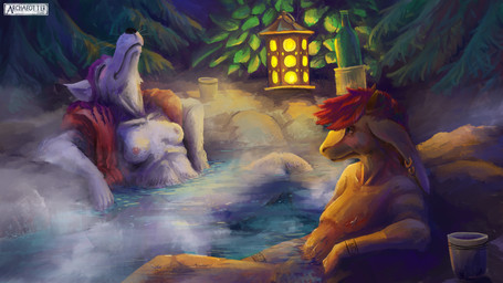 alcohol anthro areola bathing beverage blush breasts casual_nudity dripping_wet duo ear_piercing ear_ring exhibitionism feathers featureless_chest female female/female fur hair horn hot_spring jewelry lamp lantern night nipples piercing plant purple_hair red_hair ring_piercing runes steam tattoo towel towel_around_neck tree water wet wet_body wet_fur archaeotter arctic_fox canid canine fox kobold mammal scalie true_fox 16:9 4k absurd_res hi_res widescreen