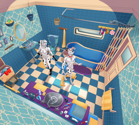 abs aged_up anthro anthrofied athletic athletic_male balls basket bathroom bathtub breasts casual_nudity cellphone claw_foot_bathtub clenched_teeth clothing collar collar_tag container detailed_background duo electronics erection feet female fingers fur genitals half-erect high-angle_view holding_object holding_towel humanoid_genitalia humanoid_penis inside looking_at_another male markings mirror nipples nude open_mouth penis phone red_collar shower shower_head sink smartphone smile sponge spots standing star_collar_tag tail teeth toes toilet toothpaste towel towel_whip vulva wearing_collar dal101strefan 101_dalmatian_street 101_dalmatians disney dolly_(101_dalmatians) dylan_(101_dalmatians) canid canine canis dalmatian domestic_dog mammal digital_media_(artwork) hi_res brother_(lore) brother_and_sister_(lore) sibling_(lore) sister_(lore)