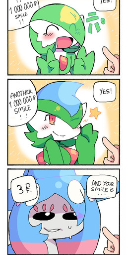 bodily_fluids crossgender dialogue female gesture group hair hair_over_eye hand_gesture not_furry one_eye_closed open_mouth open_smile pointing smile sweat text wink melfunnysmell nintendo pokemon gaba_(melfunnysmell) domestic_rabbit english_lop gallade gardevoir generation_3_pokemon generation_4_pokemon generation_8_pokemon hatterene humanoid lagomorph leporid lop_rabbit mammal oryctolagus pokemon_(species) rabbit absurd_res comic english_text hi_res