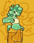 anthro bottomwear bra braces clothing goo_hair green_body green_hair green_insides hair navel orange_background pants pseudo_hair simple_background solo underwear goopystem_(artist) bovid caprine goat goo_creature mammal 2024 digital_drawing_(artwork) digital_media_(artwork) hi_res