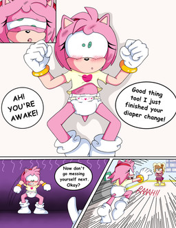 angry anthro blush clothed clothing dazed diaper embarrassed female humiliation lying on_back running smile spread_legs spreading standing text waking_up wearing_diaper window young sdcharm_(artist) sega sonic_the_hedgehog_(series) amy_rose eulipotyphlan hedgehog mammal absurd_res comic english_text hi_res