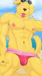 9:16 absurd_res anthro beach bird_dog body_hair bojack_horseman bulge canid canine canis chest_hair clothed clothing day domestic_dog eyewear eyewear_on_head floppy_ears hi_res hunting_dog isaacyote_(artist) jockstrap jockstrap_only kneeling labrador looking_at_viewer male mammal mr._peanutbutter muscular muscular_anthro muscular_male netflix one_eye_closed pecs retriever seaside sky solo sunglasses sunglasses_on_head tongue tongue_out topless underwear underwear_only wink winking_at_viewer