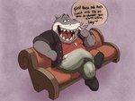 4:3 anthro bottomwear clothed clothing countershading debudraws dialogue dreamworks english_text fish flirting food furniture grey_body jacket male marine mr._shark_(the_bad_guys) open_mouth overweight overweight_anthro overweight_male pants shark shirt sitting smile sofa solo teeth text the_bad_guys topwear