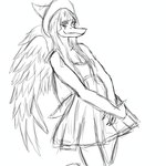 anthro biped bone_frill bottomwear clothed clothed_anthro clothed_female clothing eyebrows feathered_wings feathers female fingers frill_(anatomy) hair humanoid_hands leaning leaning_backward long_hair looking_at_viewer markings scales simple_background skirt smile solo standing striped_markings stripes three-quarter_view white_background wings dark_rya goodbye_volcano_high fang_(gvh) prehistoric_species pterodactylus pterosaur reptile scalie 1:1 2023 black_and_white hi_res monochrome portrait sketch three-quarter_portrait